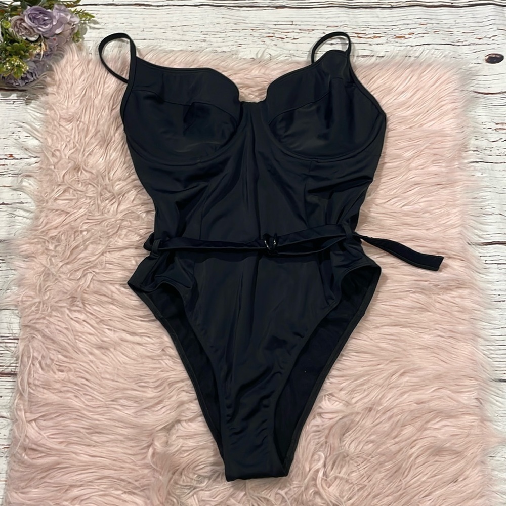 NWOT Perfect DD Black Shine Bustier Belted One Piece Swimsuit - Picture 1 of 9